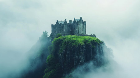 Enigmatic castle standing strong atop a rocky cliff, enveloped in mist. The lush greenery contrasts beautifully with the mysterious fog, creating a serene landscape.の素材