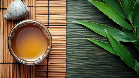 A serene composition featuring a rustic cup of warm herbal tea surrounded by bamboo leaves and a mat. Ideal for themes of wellness and tranquility.の素材