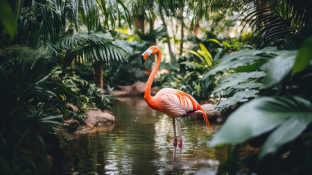 A stunning flamingo stands gracefully in serene waters surrounded by lush tropical foliage, showcasing vibrant colors and natural beauty in a peaceful environment.の素材