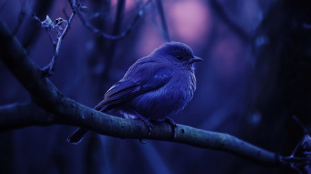 A tranquil scene featuring a blue bird perched on a branch during twilight. The delicate feathers reflect the serene atmosphere of the darkening forest.の素材