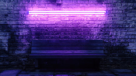 A striking scene featuring a neon purple light casting a vibrant glow over a textured brick wall and an empty bench, creating a tranquil night ambiance.の素材