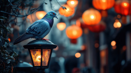 A serene urban scene featuring a pigeon perched on a lantern post, surrounded by glowing lanterns in a warm, inviting atmosphere at dusk.の素材