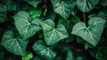 This image showcases a close-up view of vibrant, heart-shaped green leaves from an ivy plant, highlighting their intricate texture and natural beauty.の素材