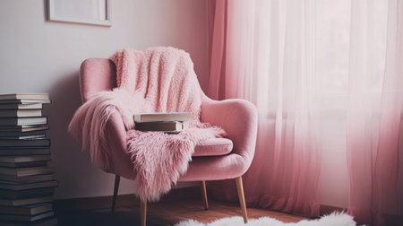 A cozy pink armchair draped with a fluffy blanket sits in a sunlit room, accompanied by a stack of books, creating a serene reading corner with inviting decor.の素材