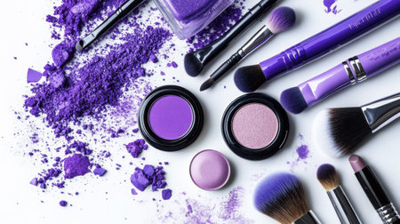 A stunning flatlay of various purple cosmetic products, including eye shadow, loose powder, and brushes, showcasing beauty tools in a vibrant arrangement.の素材