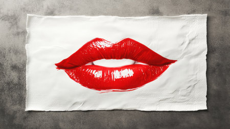 A striking image featuring glossy red lips beautifully pressed onto a textured gray napkin, perfect for cosmetics and beauty-themed projects.の素材