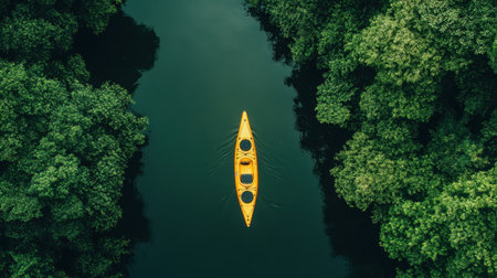 A vibrant yellow kayak glides through a serene waterway, surrounded by lush green forest, creating a peaceful and picturesque outdoor scene perfect for adventure enthusiasts.の素材