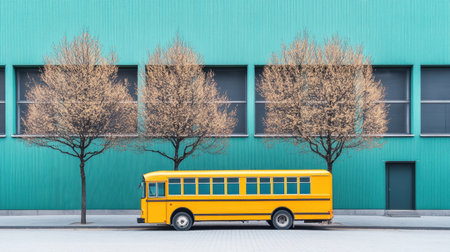 A vibrant yellow school bus parked alongside bare trees in front of a striking green wall. This minimalist urban scene captures the essence of tranquility and color contrast.の素材