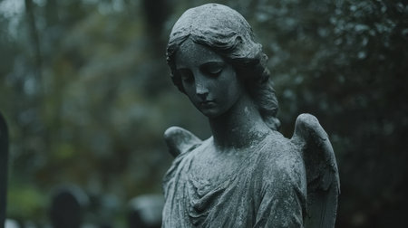 A serene angel sculpture stands in a cemetery, embodying tranquility and reflection. Surrounded by lush nature, the weathered stone captures a deep sense of mourning and heritage.の素材