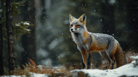 A magnificent red fox stands gracefully in a snowy forest, showcasing its vibrant fur against a serene winter backdrop. Snowflakes fall gently, highlighting the beauty of nature.の素材