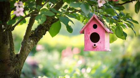 A delightful pink birdhouse nestled in green leaves, creating a serene ambiance. This charming scene captures the essence of nature and wildlife.の素材