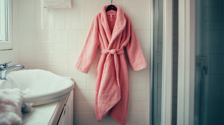 A soft pink bathrobe hanging in a bright bathroom, evoking feelings of comfort and relaxation. This image captures a perfect blend of luxury and coziness.の素材