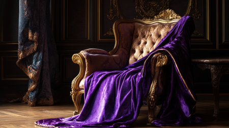 A luxurious armchair adorned with a rich purple velvet blanket, set in an elegant interior. The scene combines opulence and comfort, inviting relaxation.の素材