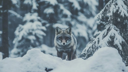 A solitary fox traverses a snow-laden winter forest, showcasing its striking fur and keen gaze amidst a serene and chilly landscape, evoking a sense of tranquility.の素材