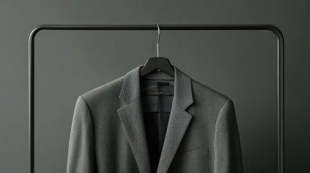 Gray suit jacket displayed on a sleek hanger, creating a stylish and modern presentation. Ideal for fashion-related projects or corporate themes.の素材