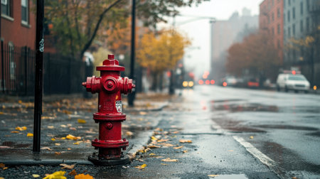 A bright red fire hydrant stands prominently on a wet urban street. The scene captures autumn leaves scattered on the pavement, surrounded by a foggy atmosphere, evoking a serene and quiet city moment.の素材