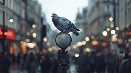 A solitary pigeon perches on a street lamp amidst a bustling city crowd, capturing a moment of stillness in an otherwise busy urban landscape.の素材