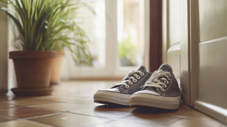 A pair of casual gray sneakers left by a doorway, with natural light streaming in and greenery in the background, creating a warm and inviting atmosphere.の素材