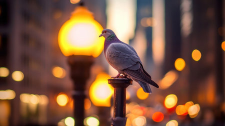 A solitary pigeon rests on a post amidst a vibrant city scene. Soft city lights blur into a warm bokeh, creating a tranquil contrast to urban life.の素材
