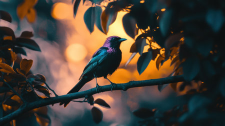A colorful bird perches gracefully on a branch, surrounded by lush leaves. The scene captures the vibrant hues of sunset, creating a tranquil nature moment.の素材
