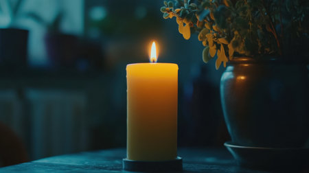 A tranquil scene featuring a warm yellow candle flame glowing softly in a dark indoor space, creating a peaceful atmosphere perfect for relaxation and meditation.の素材