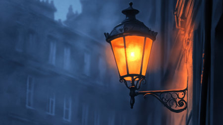 A vintage street lamp glows warmly in a foggy urban landscape, creating a serene atmosphere. The orange light pierces through the mist, enhancing the mood.の素材