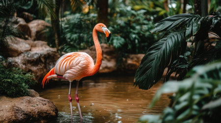 A stunning flamingo stands gracefully near a tranquil pond surrounded by lush tropical plants, showcasing the beauty of wildlife in a serene environment.の素材