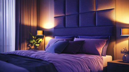 A serene modern bedroom featuring a plush bed with purple accents and soft bedding, complemented by warm lighting and greenery, creating a cozy atmosphere.の素材