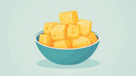 A vibrant image of bright yellow cheese cubes piled in a stylish blue bowl. Perfect for showcasing culinary delights, snacks, or healthy eating themes.の素材