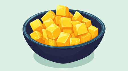 A vibrant blue bowl filled with freshly cut yellow mango cubes, showcasing the juicy and sweet fruit perfect for a healthy snack or dessert.の素材