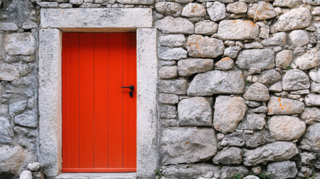 This image features a vibrant orange door set against a textured stone wall, creating a striking contrast and inviting aesthetic in a rustic environment.の素材