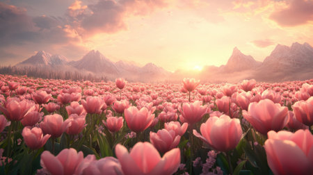 A breathtaking view of a tulip field in full bloom at sunset. The vibrant pink flowers contrast beautifully with the majestic mountains in the background.の素材