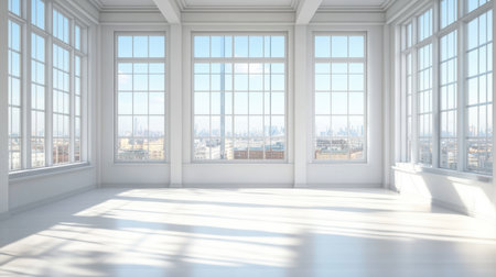A bright, spacious, and empty room featuring floor-to-ceiling windows. The contemporary design offers a stunning view of the city skyline, inviting natural light.の素材