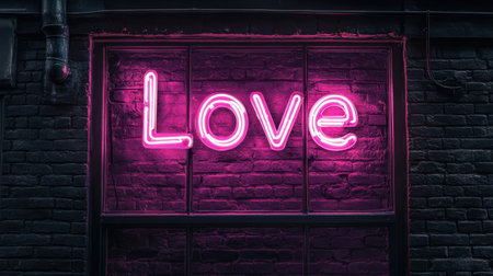 A vibrant neon sign displaying the word "Love" in bright pink hues enhances the urban atmosphere of the night, creating a romantic and inviting scene.の素材