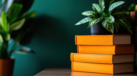 A captivating arrangement of stacked orange books beside vibrant green plants. This cozy interior setting creates a perfect ambiance for reading and relaxation.の素材