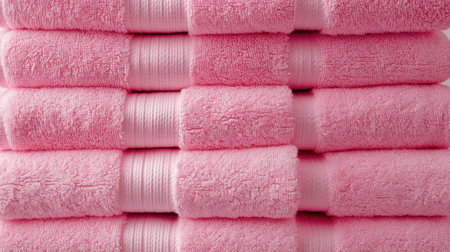 A vibrant arrangement of soft pink towels stacked neatly, ideal for use in a bathroom or spa setting, providing aesthetic appeal and comfort.の素材
