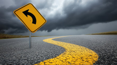 A striking image of a winding road marked by a curved sign under an ominous stormy sky. The dramatic atmosphere emphasizes nature's power and beauty.の素材
