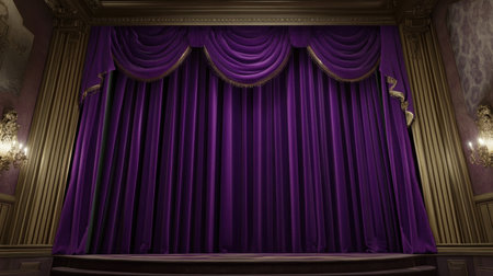 This elegant purple stage curtain features gold trimmings, enhancing the luxurious atmosphere of any theater. Perfect for theatrical presentations and performances.の素材