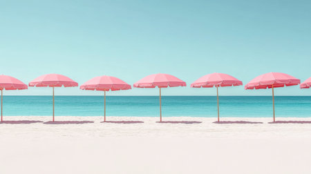 A serene beach scene featuring a row of pink umbrellas lining the soft sand, with a stunning blue ocean and clear sky in the background. Perfect for summer inspiration.の素材