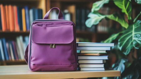 A vibrant purple backpack rests beside a neatly stacked group of books on a wooden table, surrounded by a lush green plant, creating an inviting study atmosphere.の素材