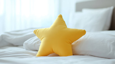 This image features a bright yellow star-shaped pillow resting on a soft white bed, creating a cozy and inviting atmosphere. Perfect for home decor inspiration.の素材