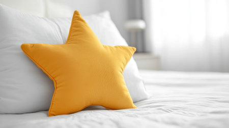 A vibrant yellow star pillow adds a cheerful touch to a cozy white bed, creating a warm and inviting atmosphere perfect for relaxation and comfort.の素材