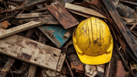 A bright yellow construction helmet rests atop a chaotic pile of wooden debris, symbolizing safety in renovation and construction work. Perfect for industry themes.の素材