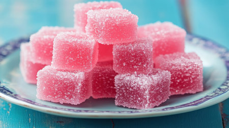 A tempting arrangement of colorful pink gelatin cubes on a decorative plate. Perfect for dessert lovers, these sweet treats bring fun and flavor to any occasion.の素材