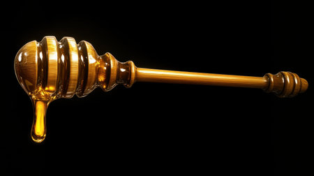 A beautiful golden honey dipper capturing syrupy honey dripping down. This image emphasizes the natural sweetness and smooth texture, ideal for culinary use.の素材