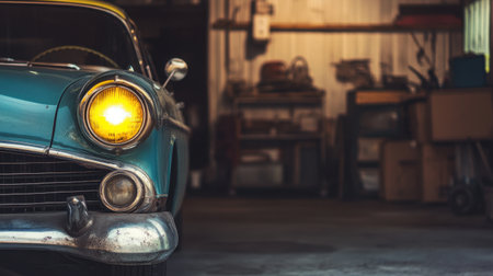 A stunning vintage blue car featuring a bright yellow headlight, parked in a garage setting. The nostalgic atmosphere enhances the charm of this classic automobile.の素材