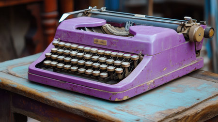 A vibrant vintage purple typewriter sits gracefully on a rustic wooden table, showcasing its unique design and nostalgic charm. Ideal for creative projects.の素材