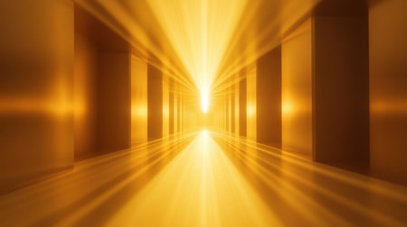This golden abstract corridor exudes warmth and tranquility with radiant light rays and smooth reflections, creating a serene and inspirational atmosphere.の素材