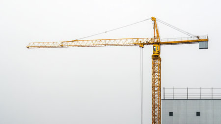 A yellow tower crane stands tall at a construction site under a gray sky. It symbolizes industrial development and heavy lifting in urban projects.の素材