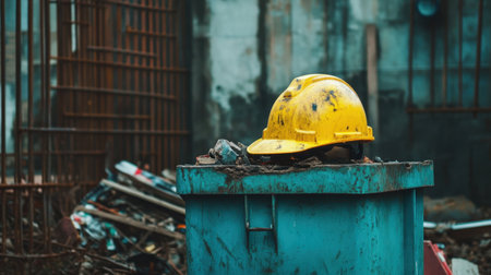 A yellow hard hat sits atop a green dumpster in a cluttered urban setting. The contrast of colors highlights the scene's neglect and industrial atmosphere.の素材